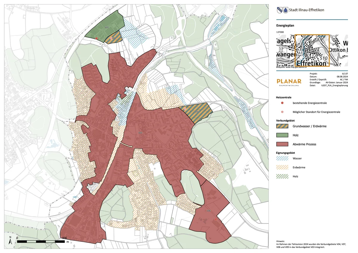 Rot markiert sind die Ortsteile, die mit Abwärme versorgt werden sollen. Die Zonen der einzelnen Waermeverbuende in Illnau-Effretikon auf einer Karte.